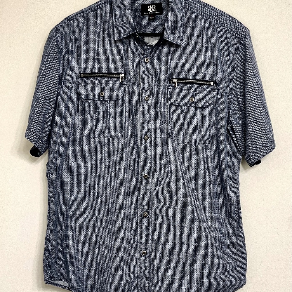 Rock & Republic Men's Short Sleeve Casual Button Down Shirt Blue Size L